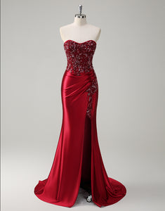 Burgundy Mermaid Applique Sequin Strapless Prom Dress with Slit