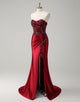 Burgundy Mermaid Applique Sequin Strapless Prom Dress with Slit