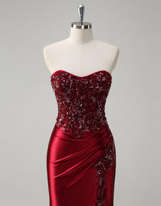 Burgundy Mermaid Applique Sequin Strapless Prom Dress with Slit