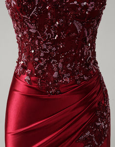 Burgundy Mermaid Applique Sequin Strapless Prom Dress with Slit