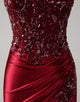 Burgundy Mermaid Applique Sequin Strapless Prom Dress with Slit