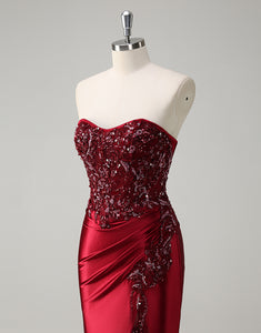 Burgundy Mermaid Applique Sequin Strapless Prom Dress with Slit