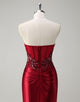 Burgundy Mermaid Applique Sequin Strapless Prom Dress with Slit