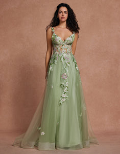 Green Spaghetti Sequins A-Line Tulle Sequins Applique Long Prom Dress