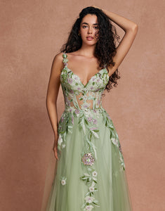 Green Spaghetti Sequins A-Line Tulle Sequins Applique Long Prom Dress