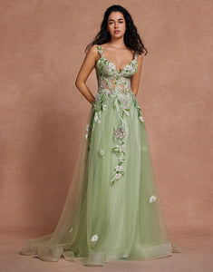 Green Spaghetti Sequins A-Line Tulle Sequins Applique Long Prom Dress