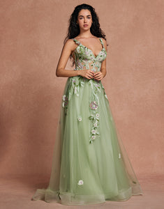 Green Spaghetti Sequins A-Line Tulle Sequins Applique Long Prom Dress