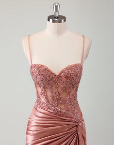 Dusty Rose Mermaid Spaghetti Sequin Applique Prom Dress