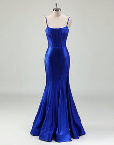 Royal Blue Mermaid Spaghetti Slit Prom Dress