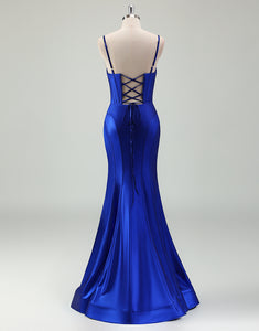 Royal Blue Mermaid Spaghetti Slit Prom Dress