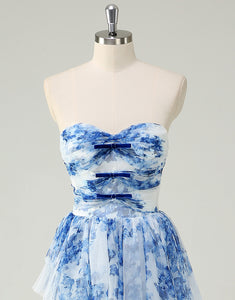 White Blue Flower A-Line Sweetheart Tulle Print Tiered Prom Dress