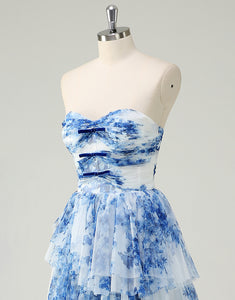 White Blue Flower A-Line Sweetheart Tulle Print Tiered Prom Dress