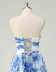 White Blue Flower A-Line Sweetheart Tulle Print Tiered Prom Dress