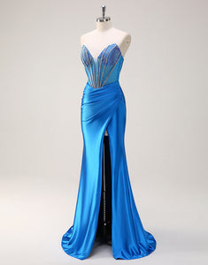 Mermaid Blue Sweetheart Neck Beaded Slit Prom Dress