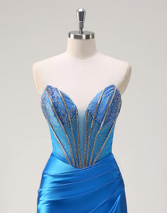 Mermaid Blue Sweetheart Neck Beaded Slit Prom Dress