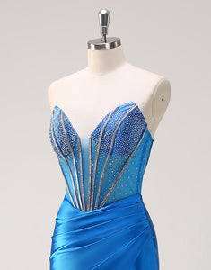 Mermaid Blue Sweetheart Neck Beaded Slit Prom Dress