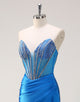 Mermaid Blue Sweetheart Neck Beaded Slit Prom Dress