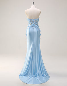 3D Flower Mermaid Sky Blue Sweetheart Neck Beaded Ruched Prom Dress