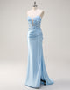 3D Flower Mermaid Sky Blue Sweetheart Neck Beaded Ruched Prom Dress