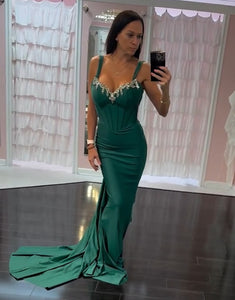 Dark Green Mermaid Spaghetti Crystal Prom Dress