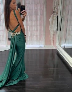 Dark Green Mermaid Spaghetti Crystal Prom Dress