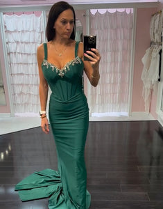 Dark Green Mermaid Spaghetti Crystal Prom Dress