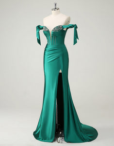 Mermaid Dark Green Sweetheart Neck Beaded Slit Prom Dress