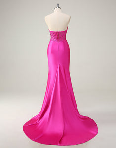 Fuchsia Mermaid Sweetheart Crystal Ruched Prom Dress