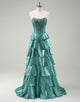 Chic A-Line Peacock Green Bateau Neck Tiered Prom Dress