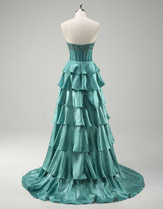 Chic A-Line Peacock Green Bateau Neck Tiered Prom Dress