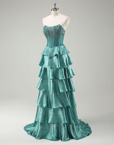 Chic A-Line Peacock Green Bateau Neck Tiered Prom Dress