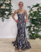 Navy Mermaid Spaghetti Print Prom Dress with Sweep Train