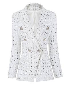 White Fashion Slim Fit Shawl Lapel Black Spots Women Blazer