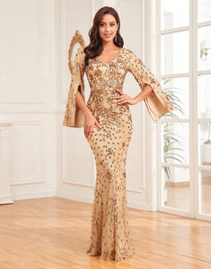 Gorgeous Sheath Half Slit Long Sleeves  Formal Dress with Applique