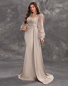 Elegant Tulle Long Sleeves Ruched Formal Dress with Sequin