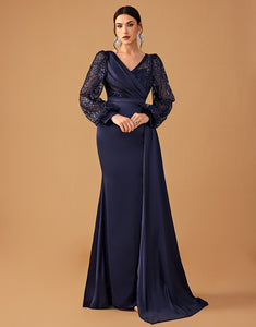 Elegant Tulle Long Sleeves Ruched Formal Dress with Sequin