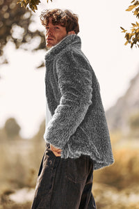 Men's Dark Grey Fur Plush Jacket Winter Warm Full Zip Coat with Pockets