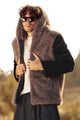 Men's Brown Plush Blazer Winter Warm Full Zip Hooded Short Coat with Pockets