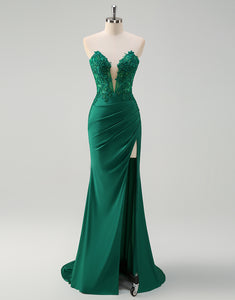 Green Sheath Sweetheart V-Neck Applique Prom Dress