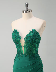 Green Sheath Sweetheart V-Neck Applique Prom Dress