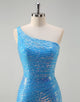 Blue Sheath One Shoulder Lace Train Prom Dress