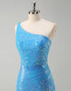 Blue Sheath One Shoulder Lace Train Prom Dress