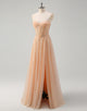 Champagne A-Line Strapless Sweetheart Slit Long Prom Dress