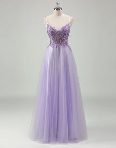 Purple A-Line Spaghetti Applique Tulle Prom Dress