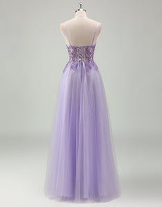 Purple A-Line Spaghetti Applique Tulle Prom Dress