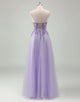 Purple A-Line Spaghetti Applique Tulle Prom Dress