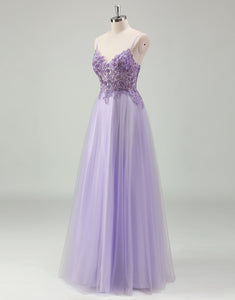 Purple A-Line Spaghetti Applique Tulle Prom Dress