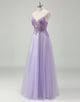 Purple A-Line Spaghetti Applique Tulle Prom Dress