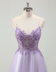 Purple A-Line Spaghetti Applique Tulle Prom Dress