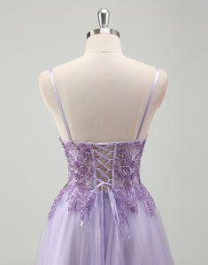 Purple A-Line Spaghetti Applique Tulle Prom Dress